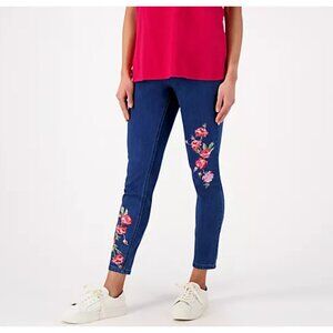 Isaac Mizrahi Live! Medium Indigo Petite Pull On Embroidered Ankle Jeans